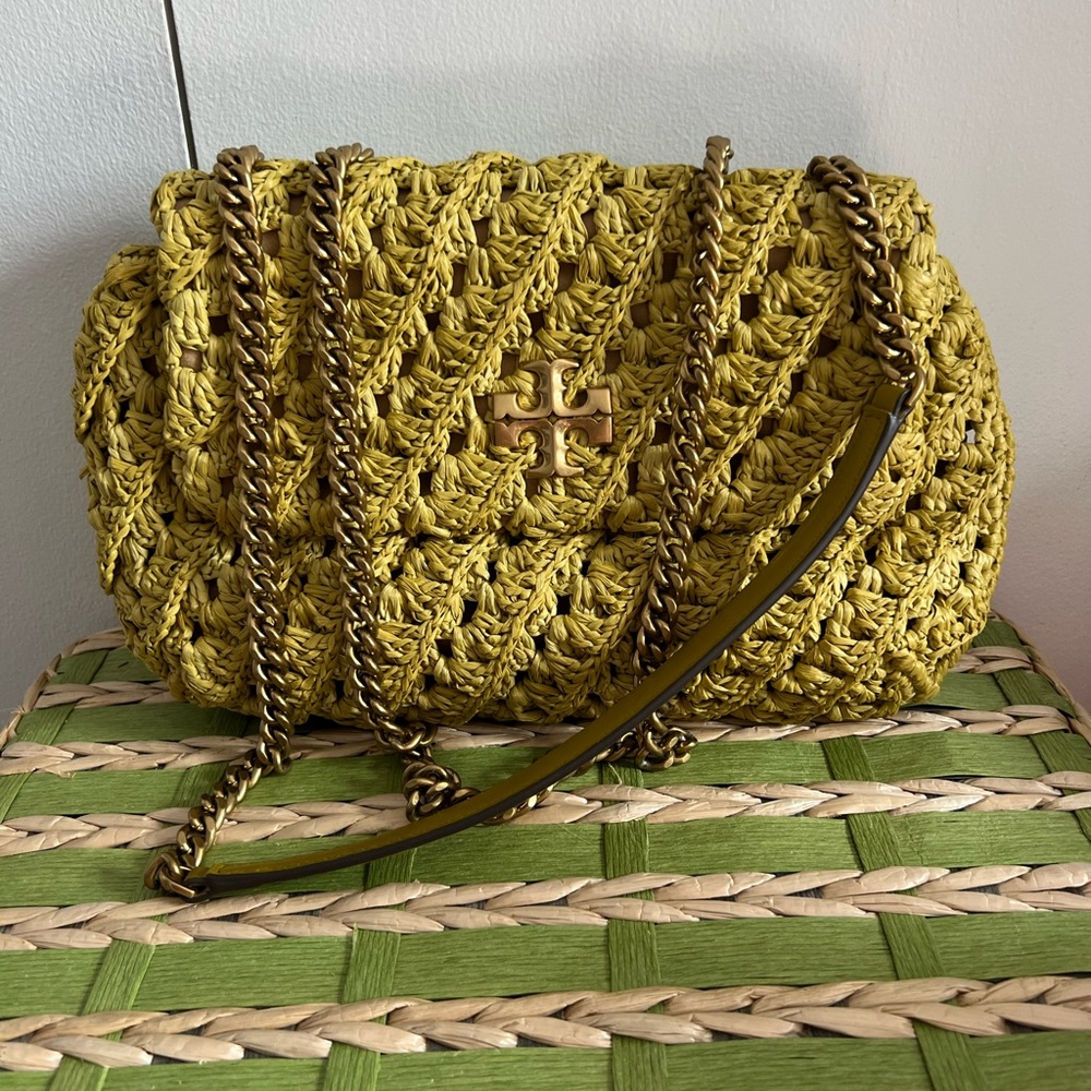 Tory Burch Mustard Yellow Woven Shoulder Bag with Chain Strap